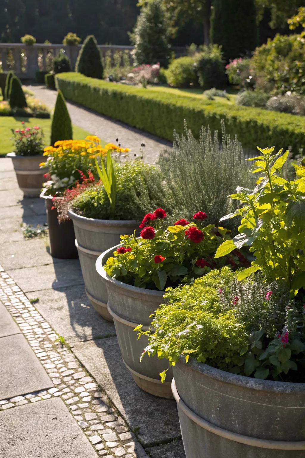 Grouped containers create a unified yet diverse garden display.