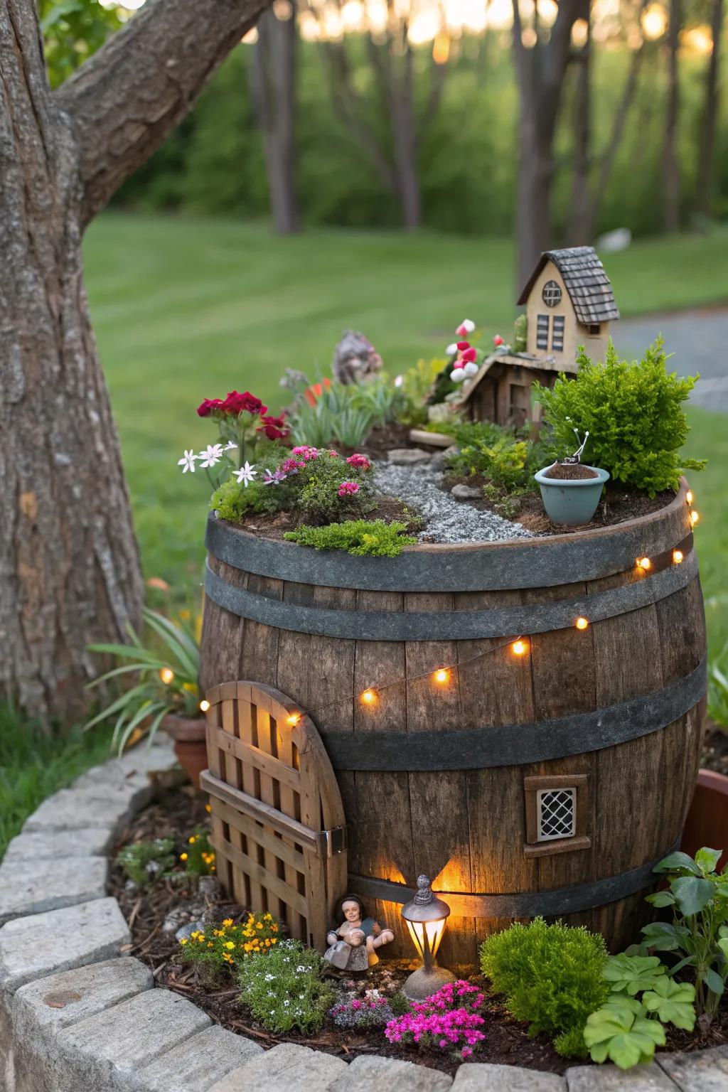 A magical fairy garden crafted in a whiskey barrel.