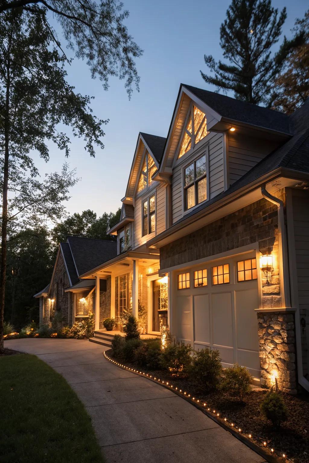 Lighting accents elevate the look of gables at night.