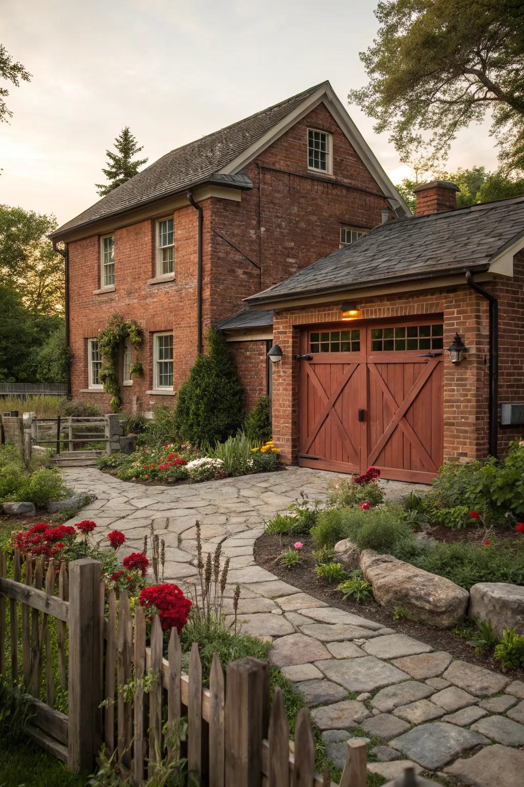 Rustic red enhances the natural warmth of brick exteriors.