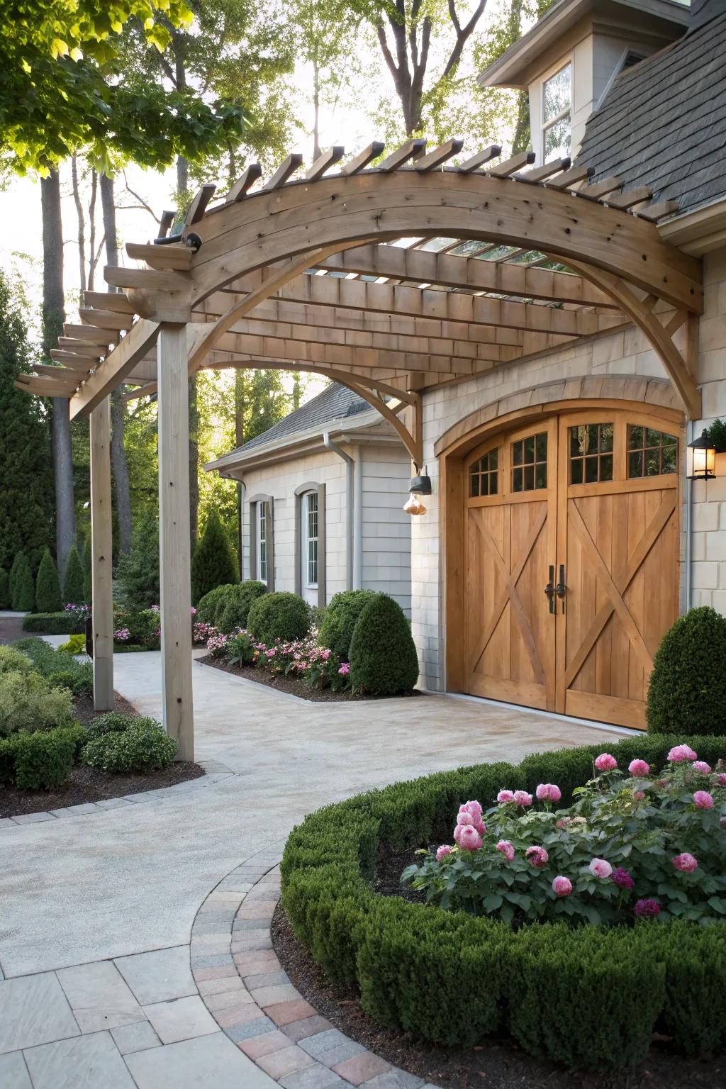An arched pergola adds architectural elegance.