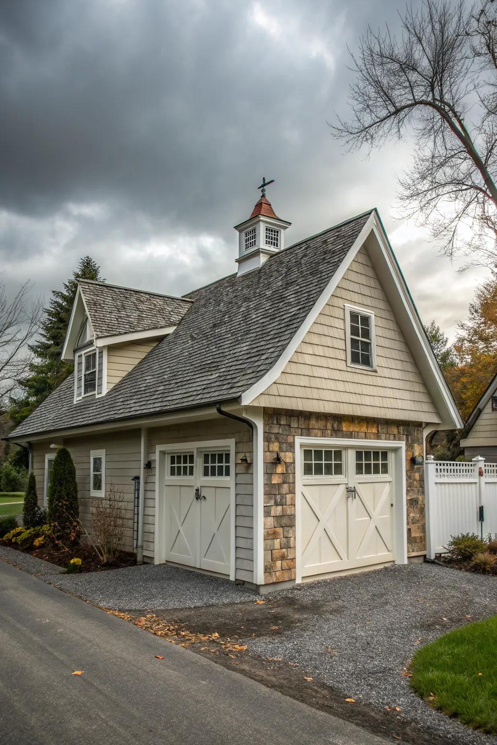 Unique charm with a saltbox roof.