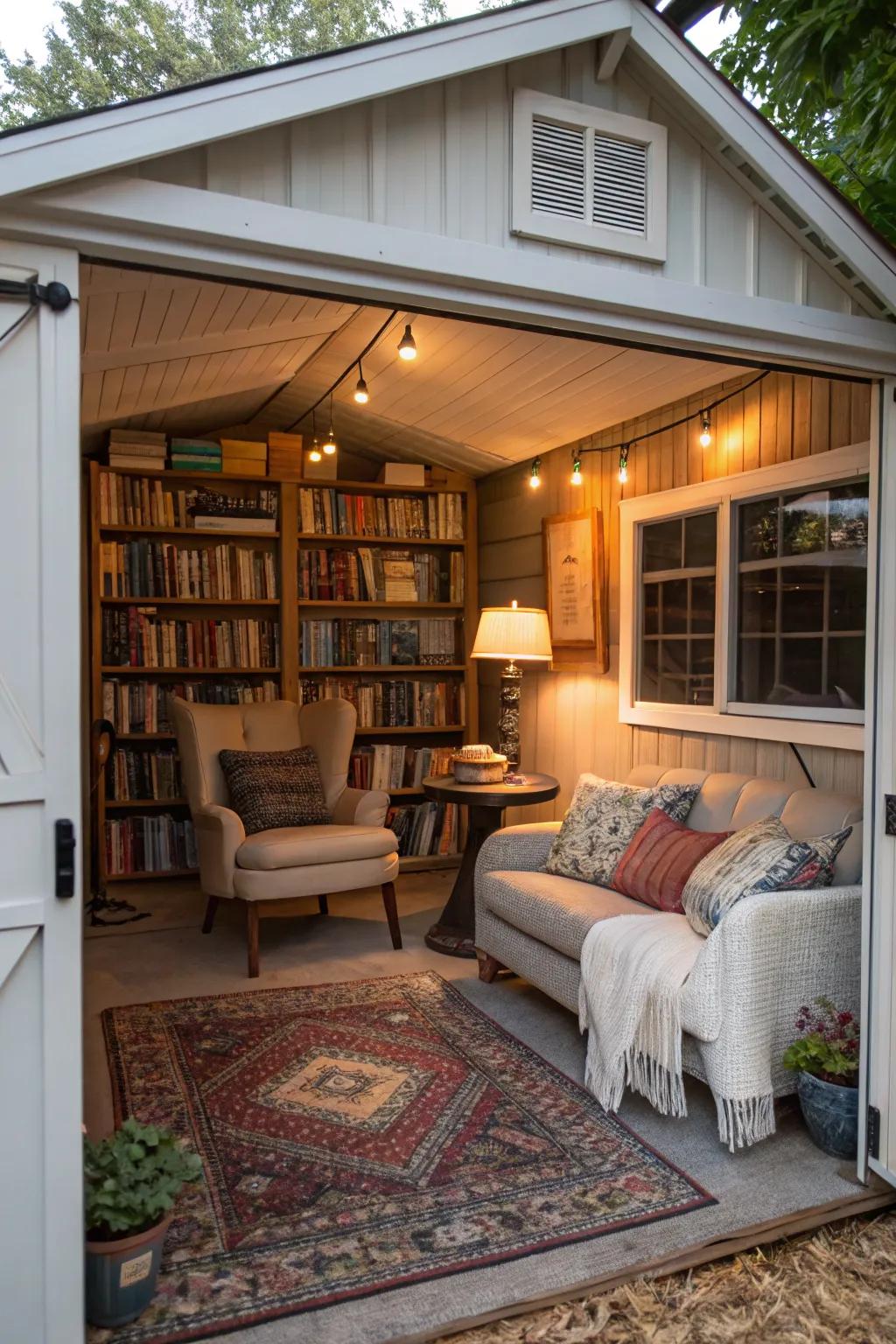 A cozy reading nook nestled in a garage shed.