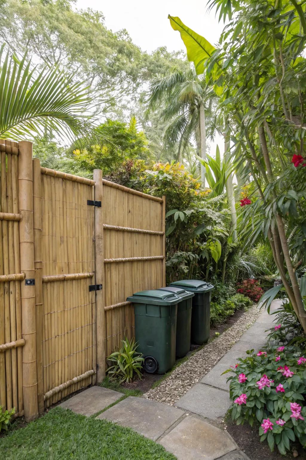 A bamboo fence adds an exotic touch while concealing trash bins.