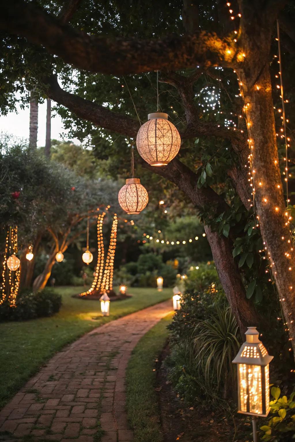 Decorative lanterns add a warm glow to the garden setting.