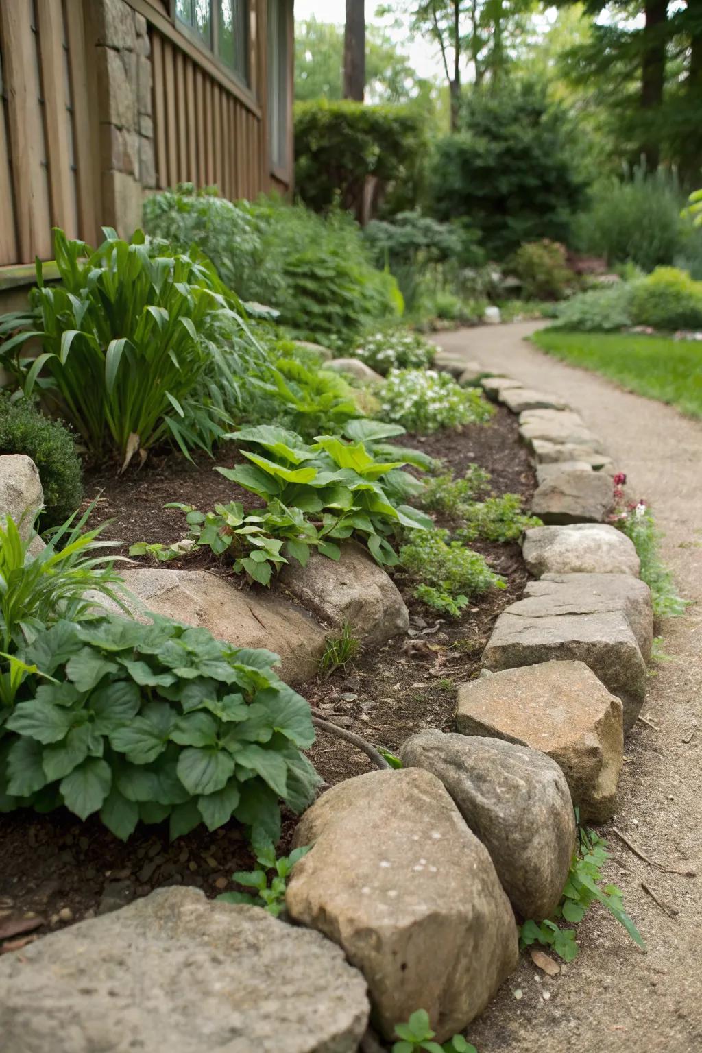 Natural rock borders offer a simple, earthy aesthetic.