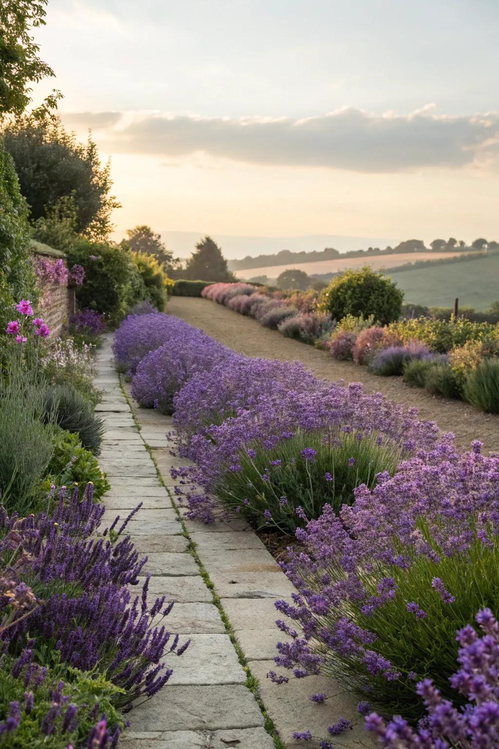 Lavender in bloom, adding fragrance and color to a garden border.