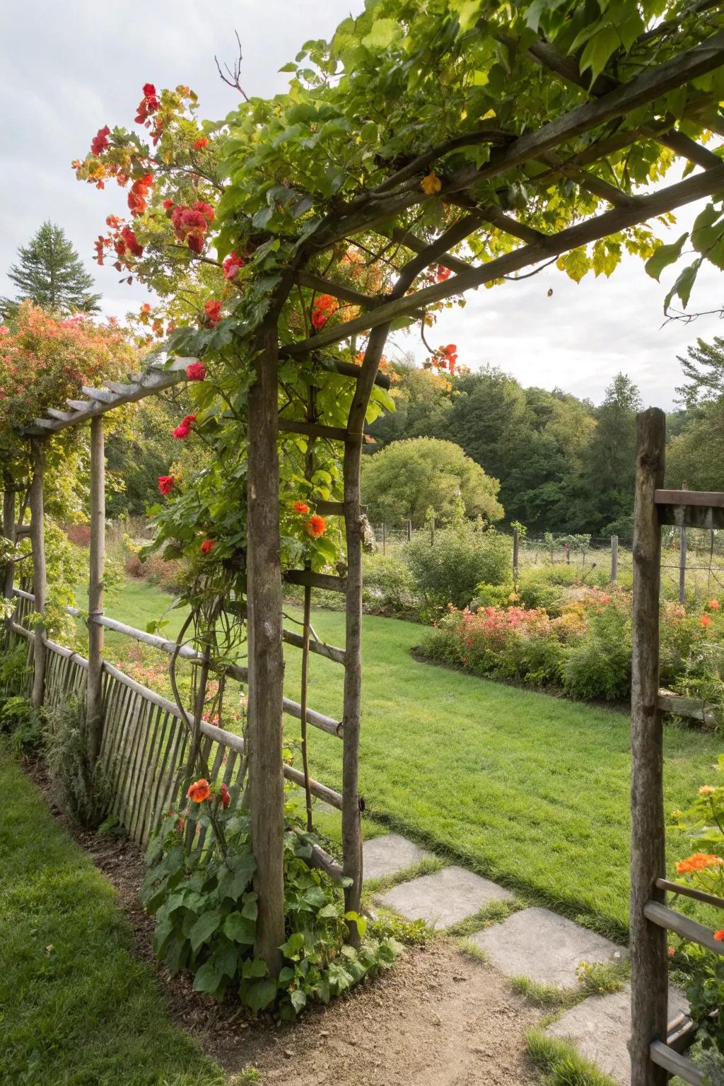 A trellis branch fence turns vertical space into lush greenery.