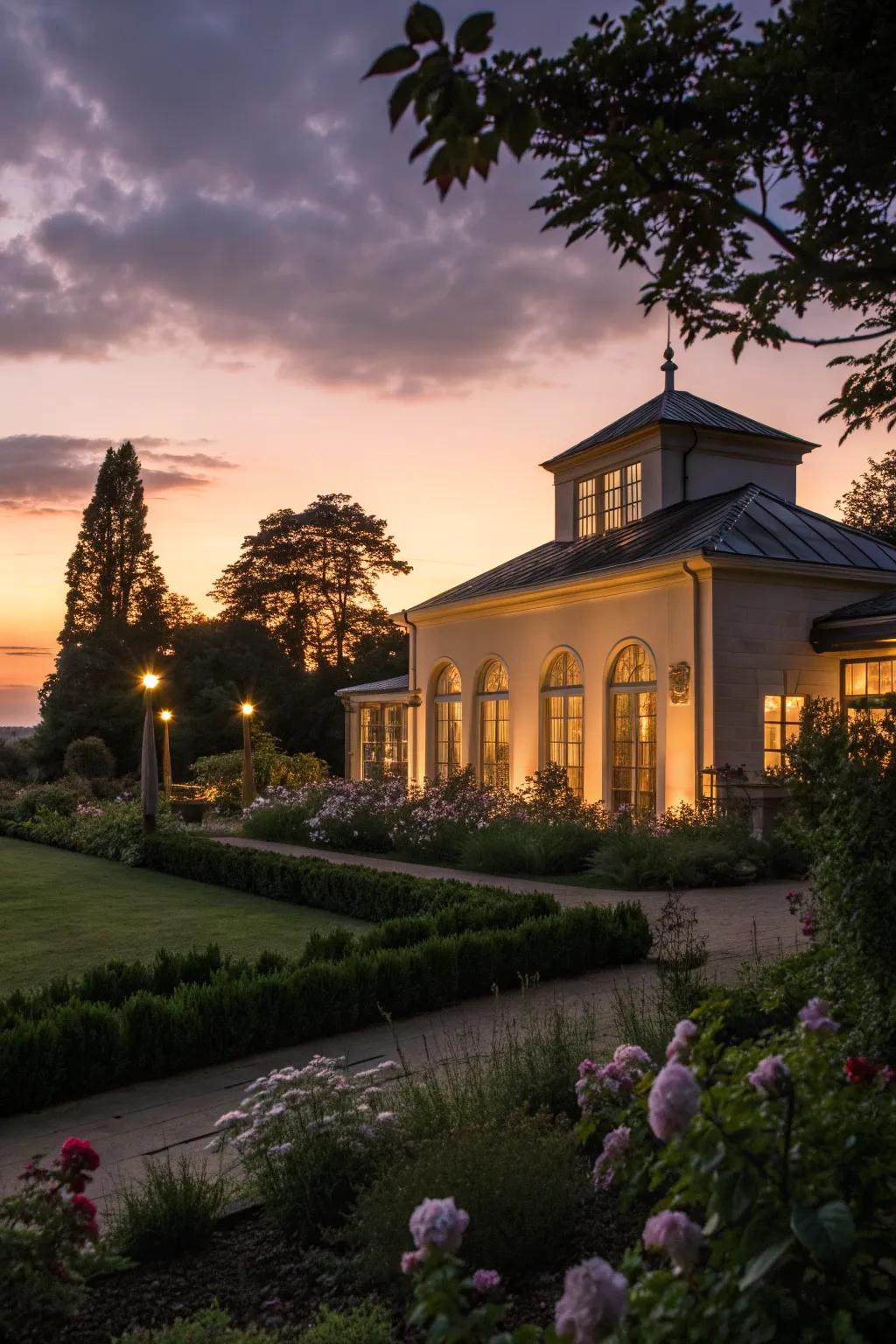 A beautifully lit garden building creating a warm ambiance at dusk.