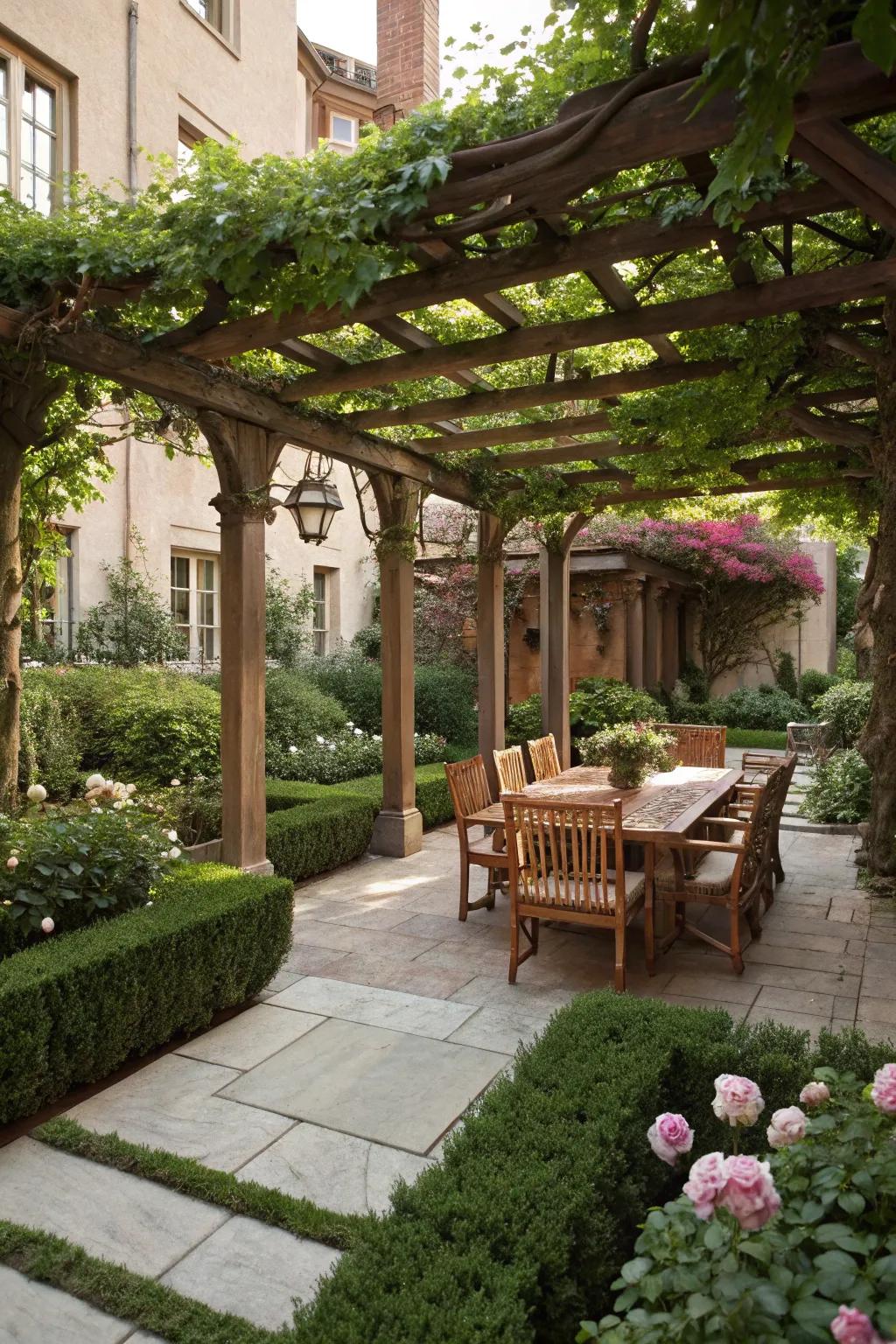 A wooden pergola offers structure and shade.
