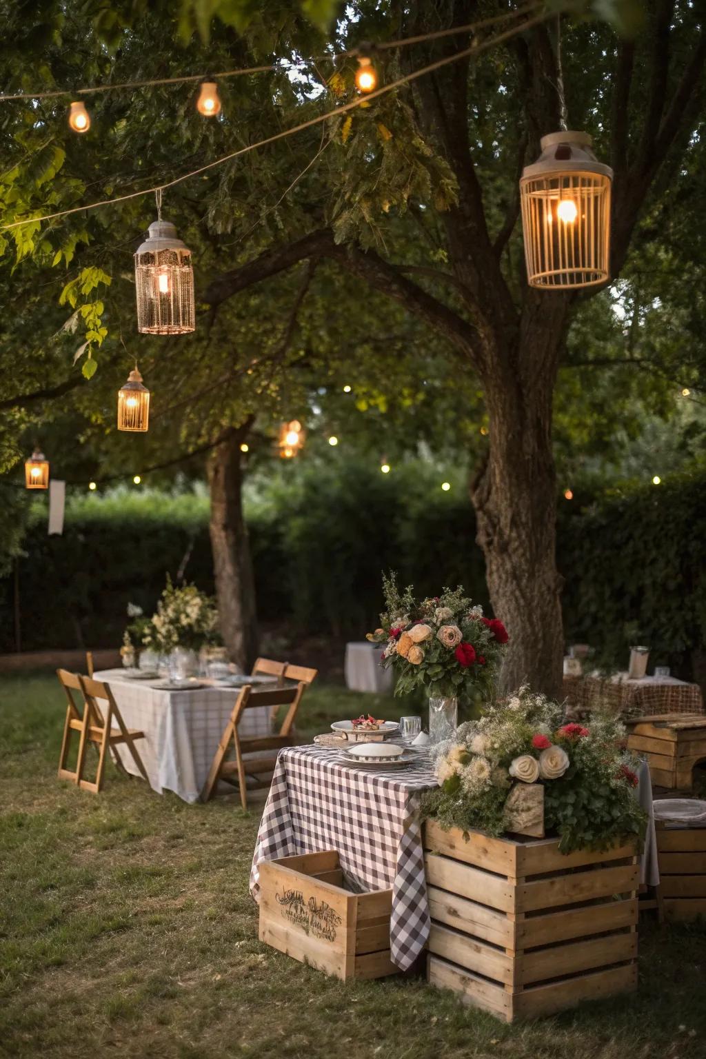 Rustic decor elements enhancing the charm of a garden dinner setting.