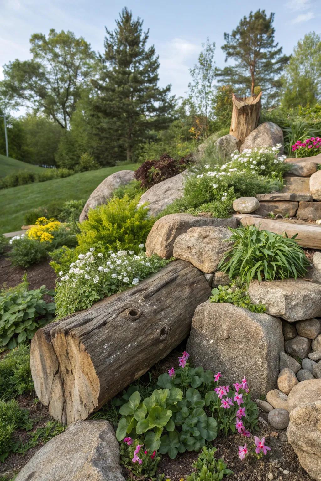 Natural elements like rocks and logs adding texture to a garden display.