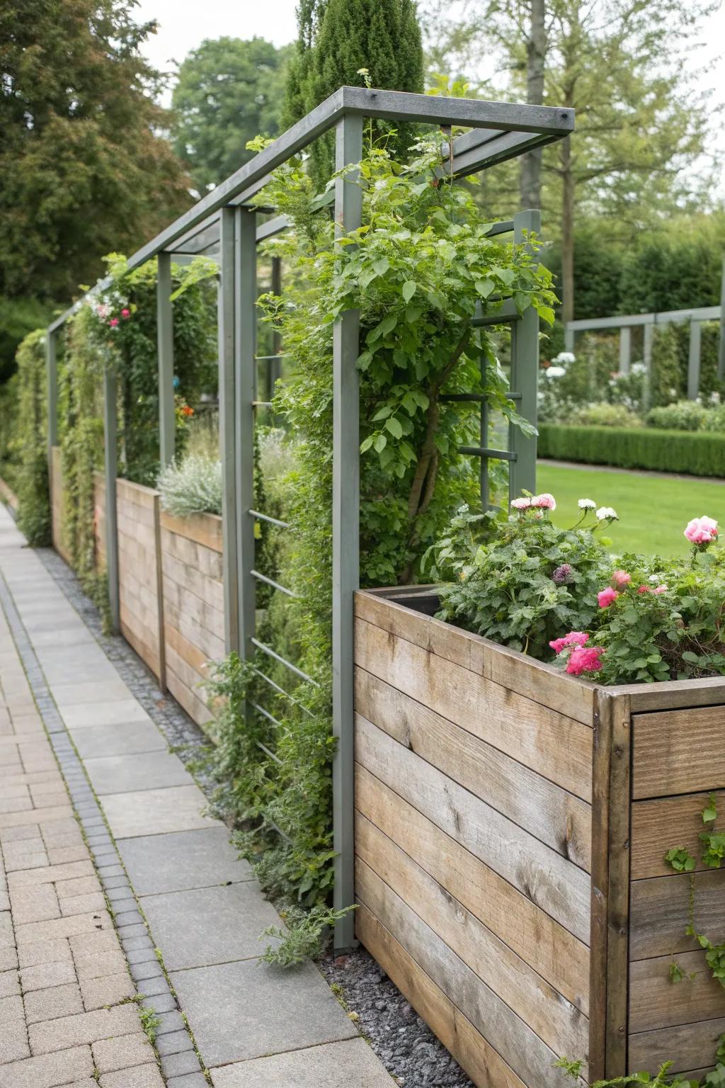 Mixed materials create unique and personalized garden dividers.
