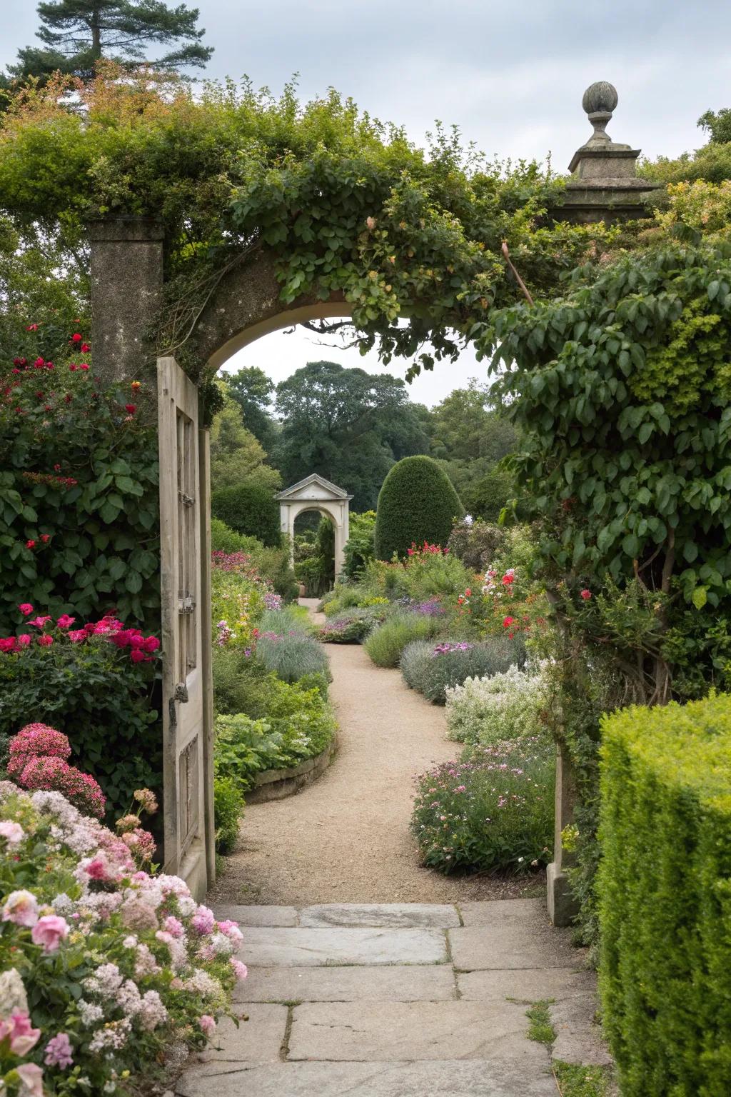 Lush plantings create a vibrant and welcoming garden entrance.