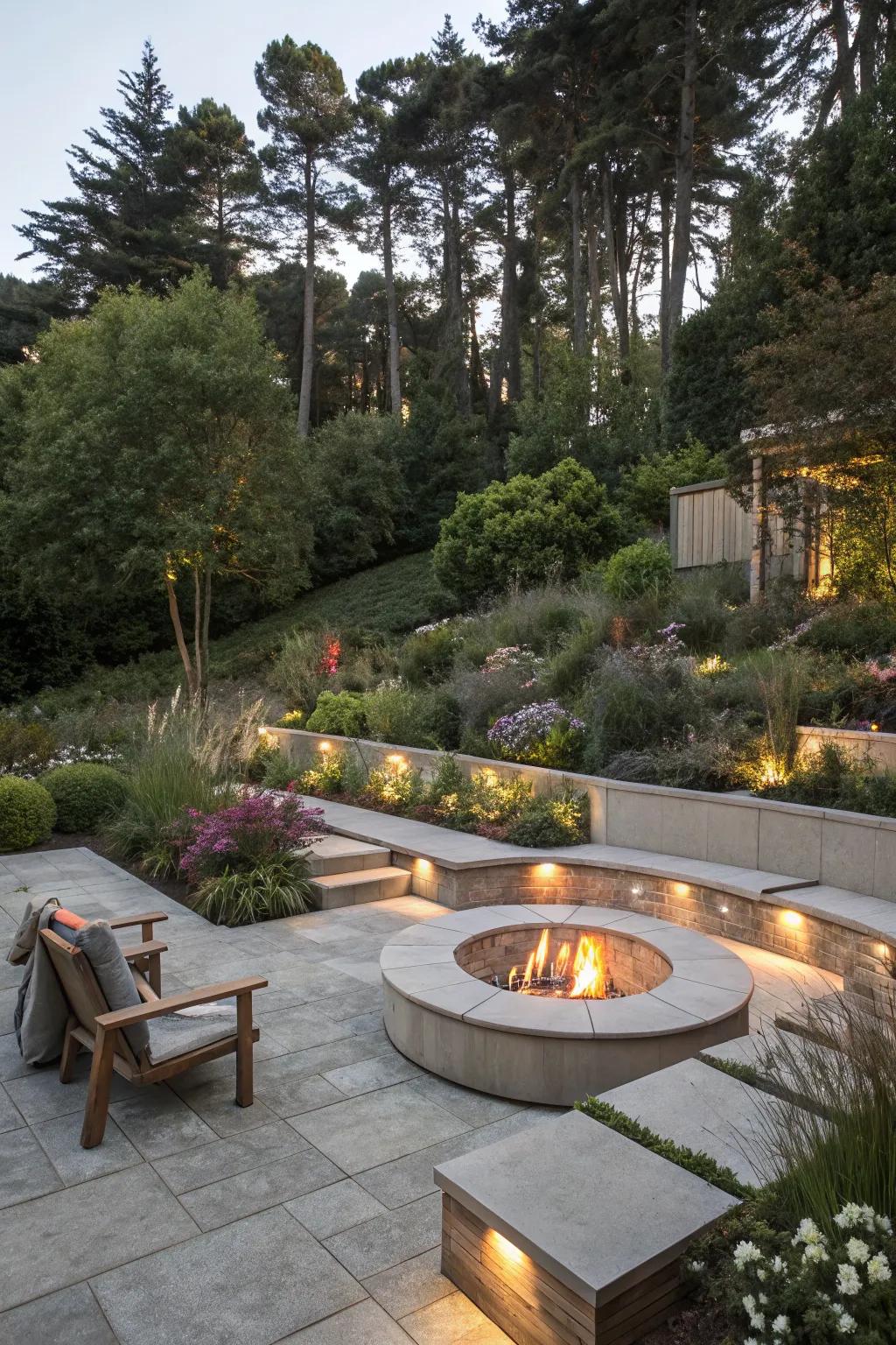 Multi-level seating adds dimension and function around the fire pit.