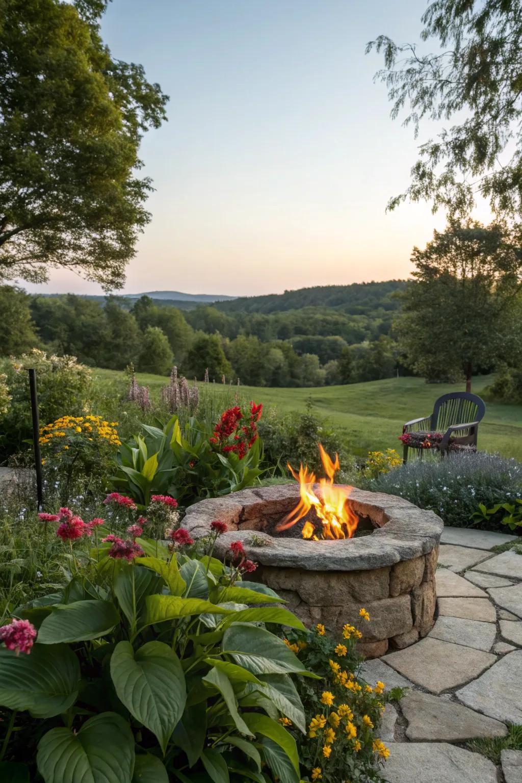 Lush greenery around the firepit creates a natural and serene enclosure.