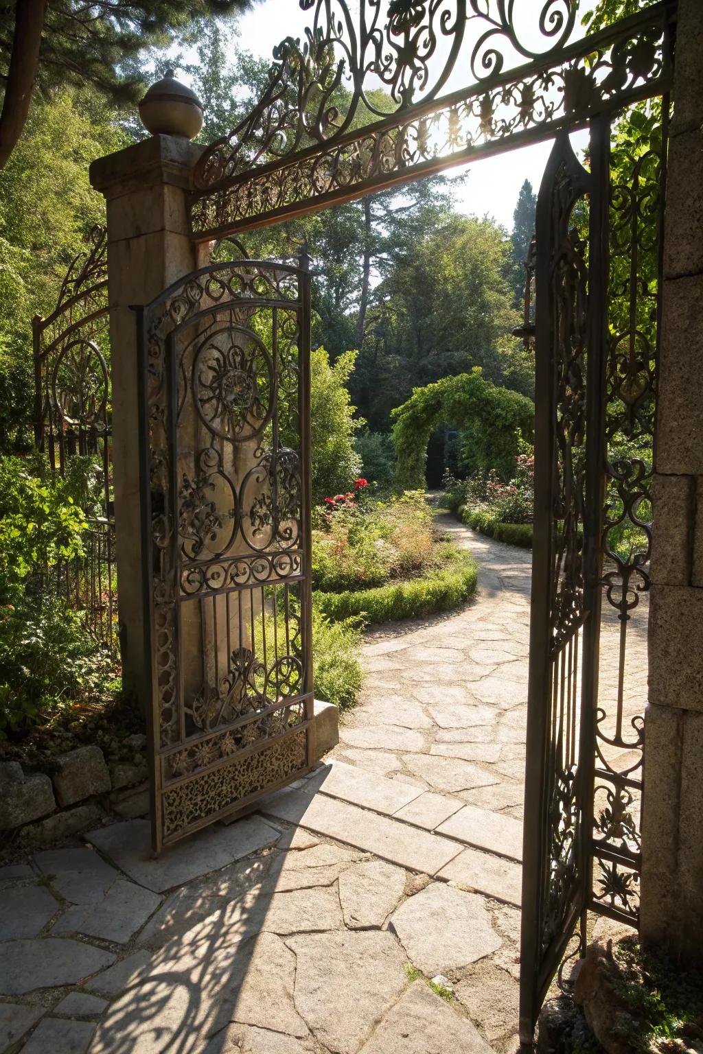Intricate metalwork adds artistry to your garden entrance.