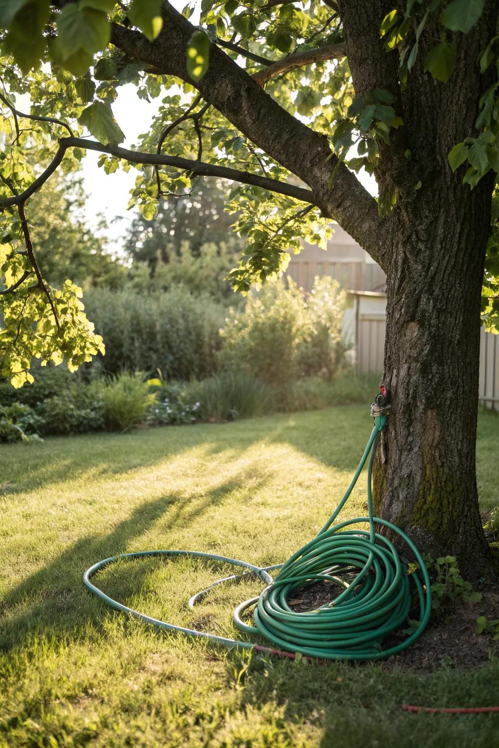 Integrate your hose storage naturally with a tree trunk holder.