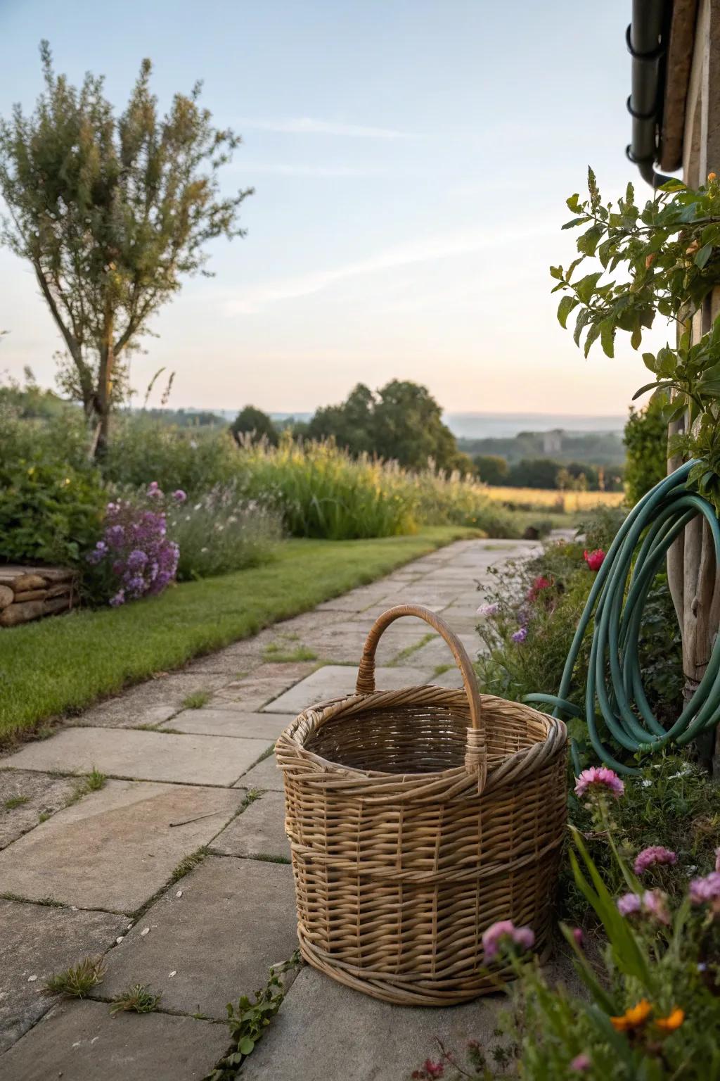 A rustic wicker basket that keeps hoses neatly stored.