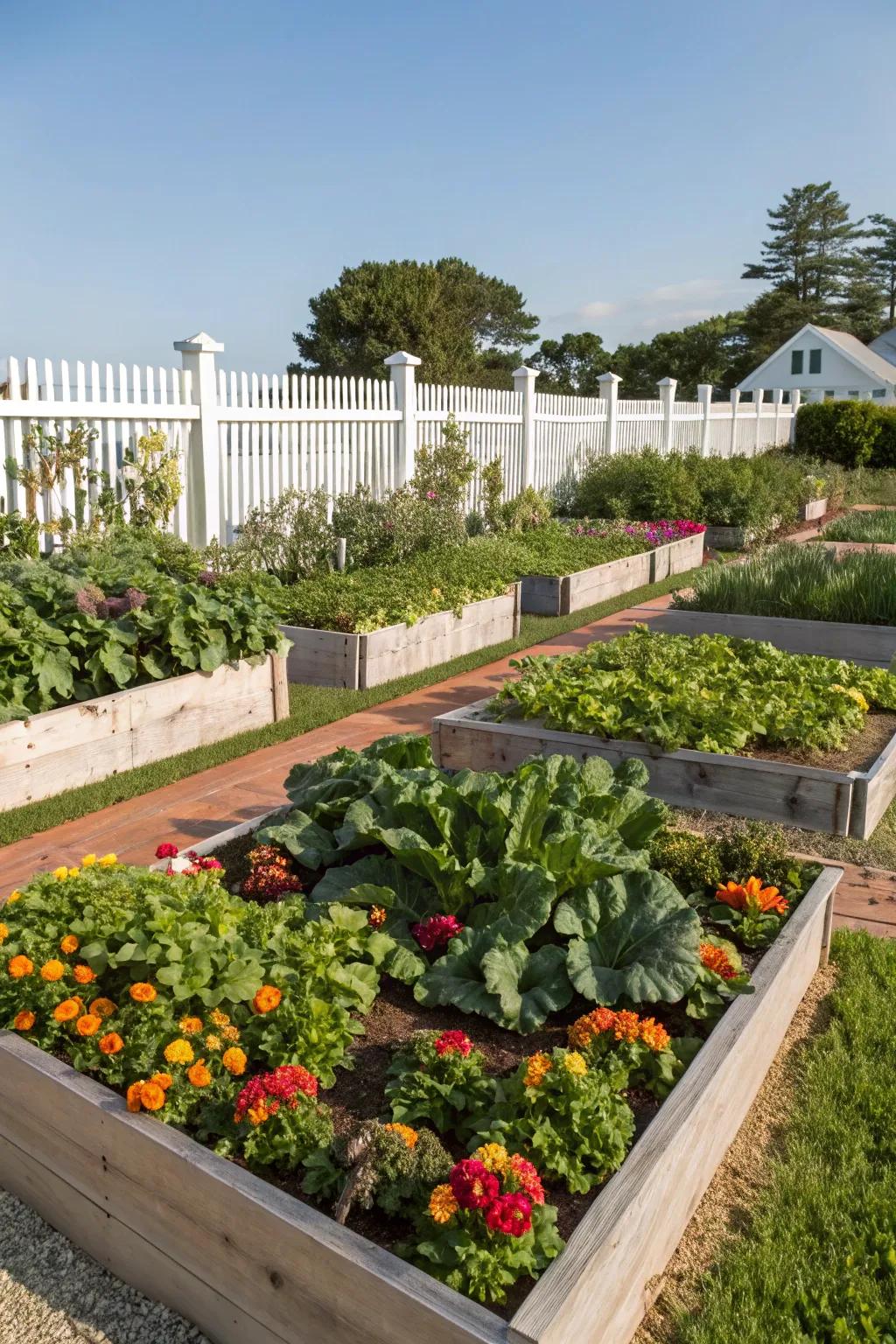 Raised garden beds for organized and accessible gardening.