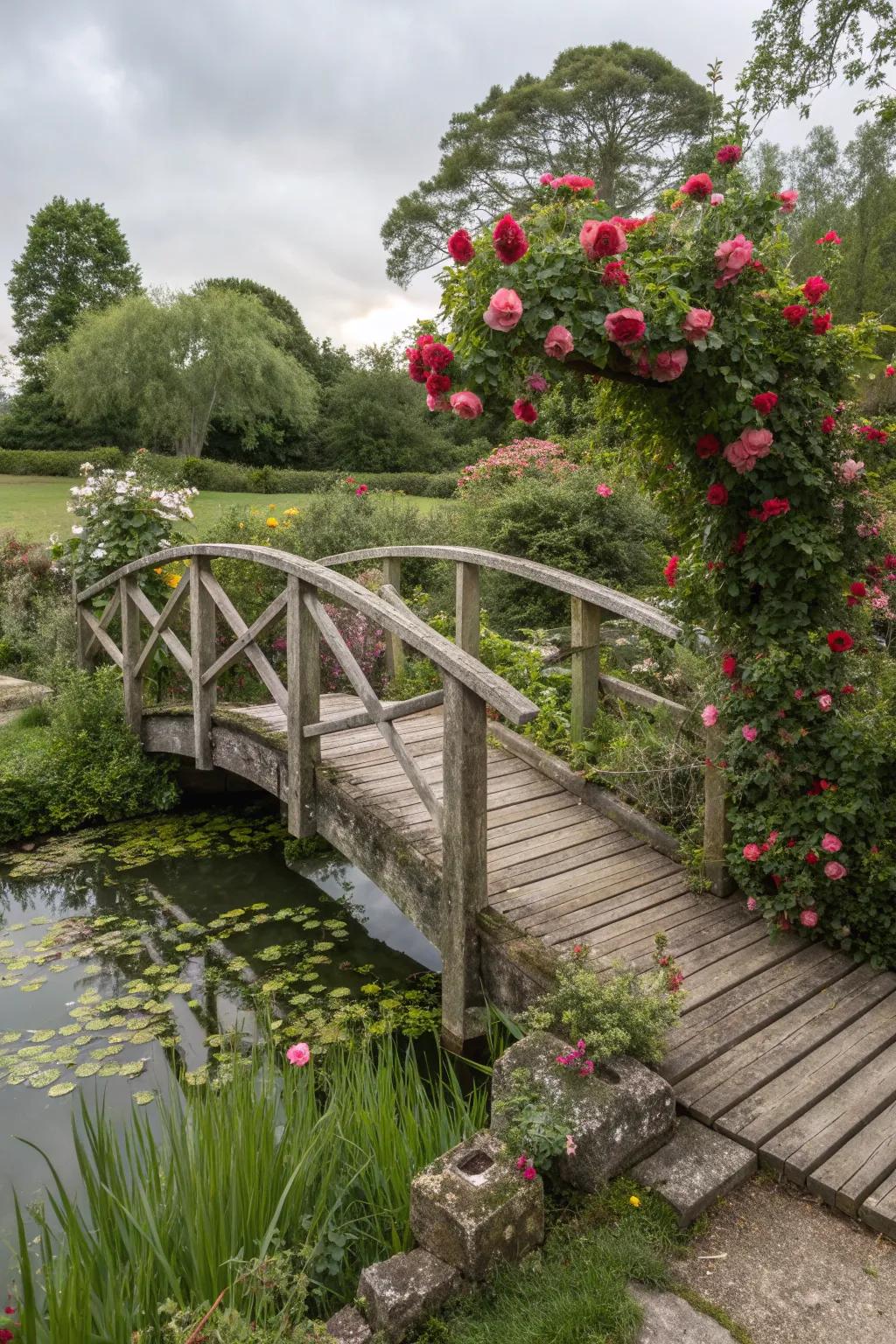 A charming wooden bridge in a romantic cottage garden setting.
