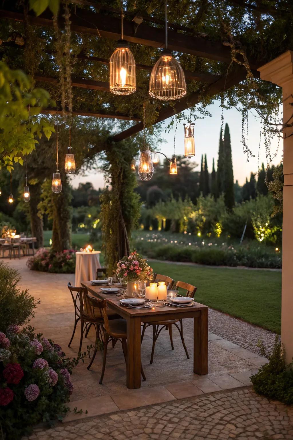 Hanging lights setting the perfect mood for an elegant outdoor dinner.