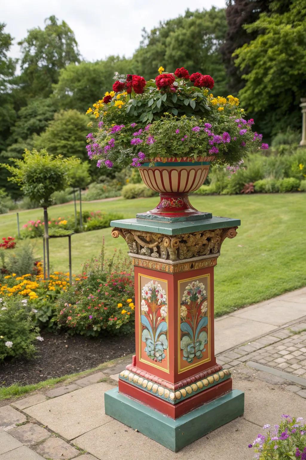 Colorful accents on pedestals bring lively energy to your garden.