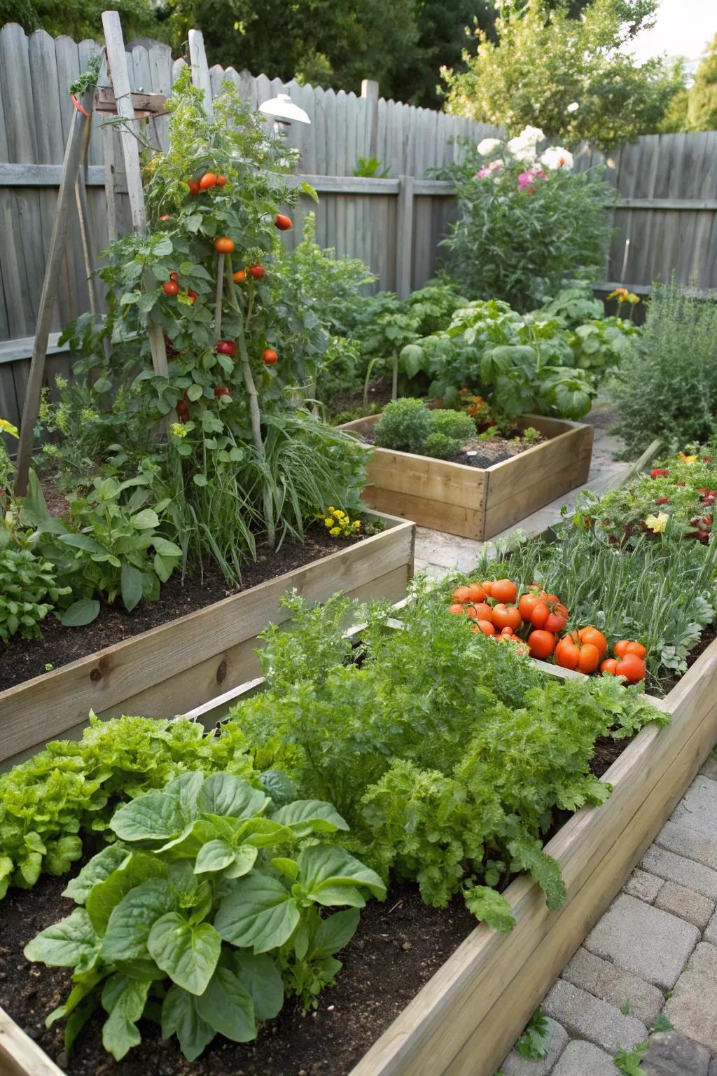 Fresh vegetables and herbs growing in a garden.