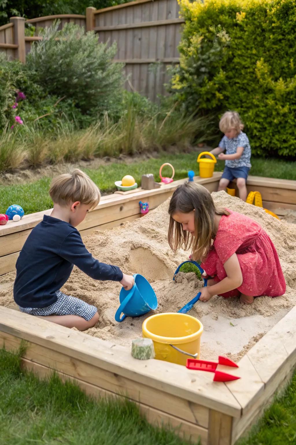 Children engaged in sensory play at a sand pit with natural surroundings.