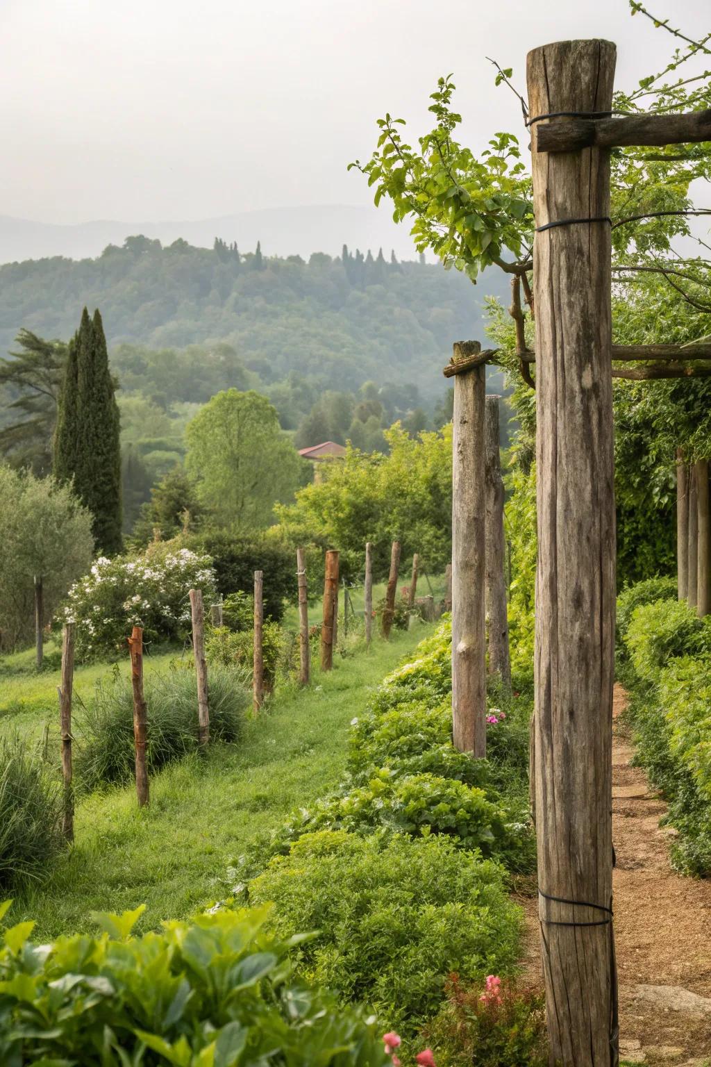 Achieve a timeless look with rustic wooden posts in your garden.