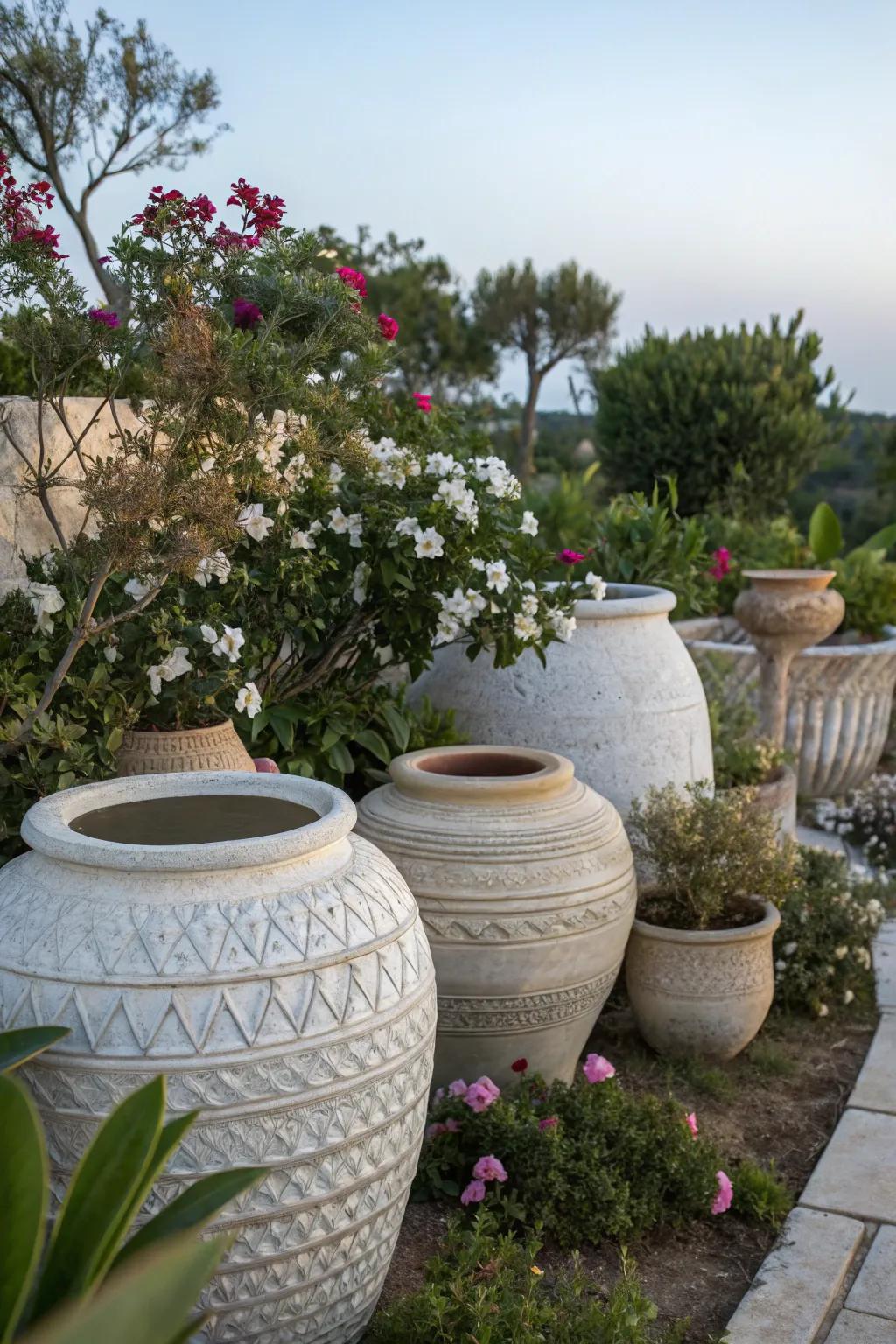 Monochromatic pottery groupings for a sleek garden design.