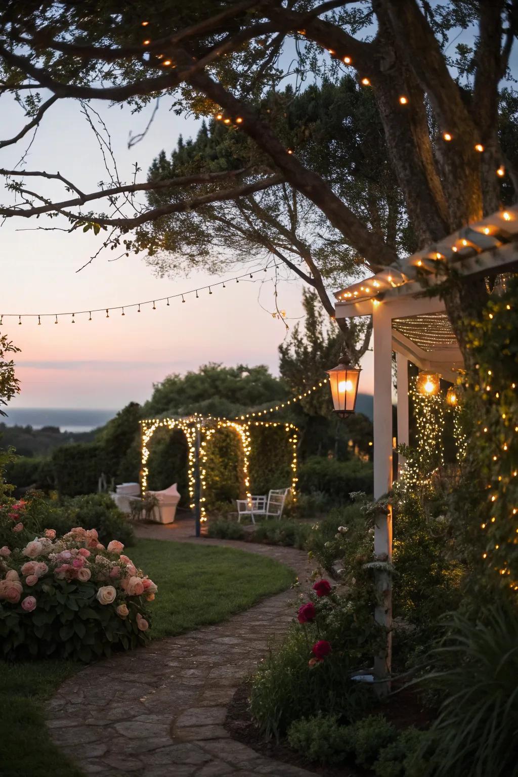 A garden transformed by the magical glow of fairy lights.