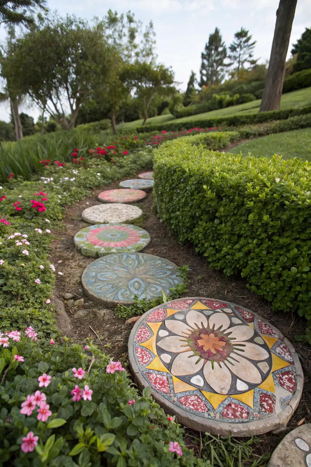 Mosaic stepping stones add artistic flair to garden paths.