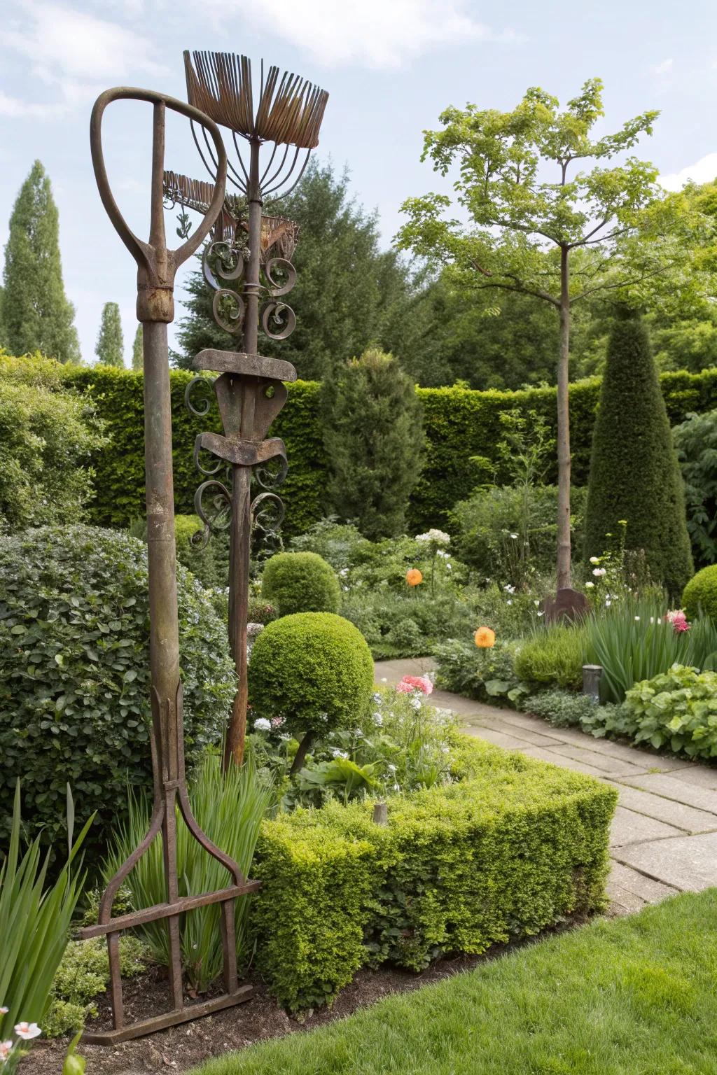 Recycled sculptures bring a unique, sustainable flair to gardens.