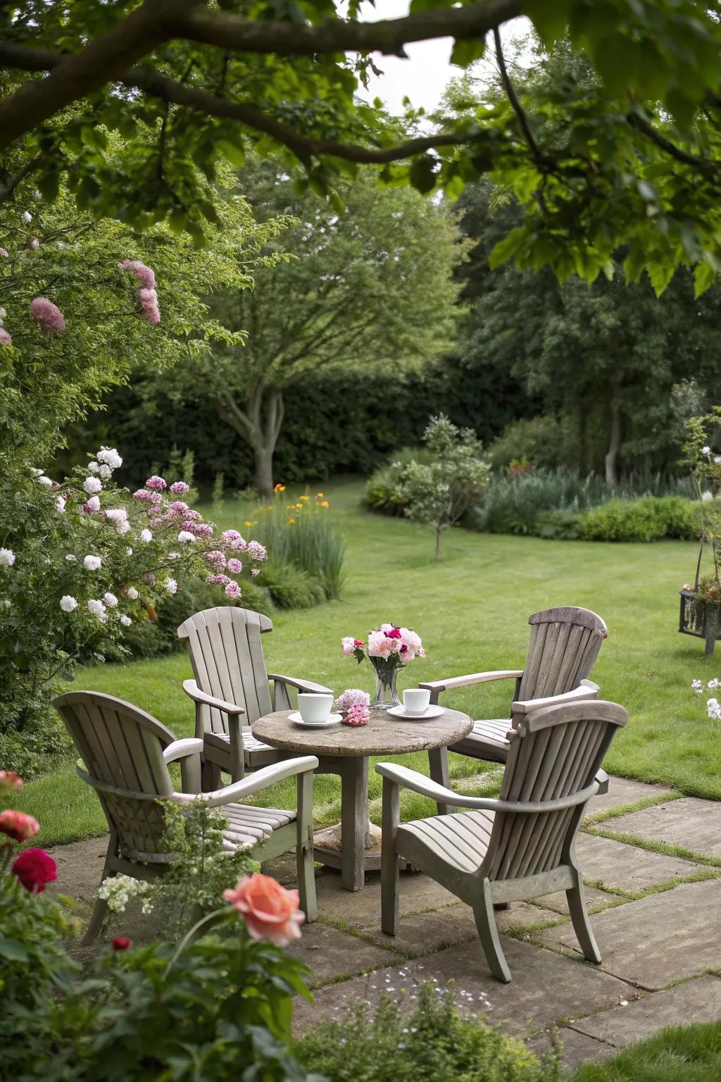 A garden seating area designed with a circular layout for conversation.