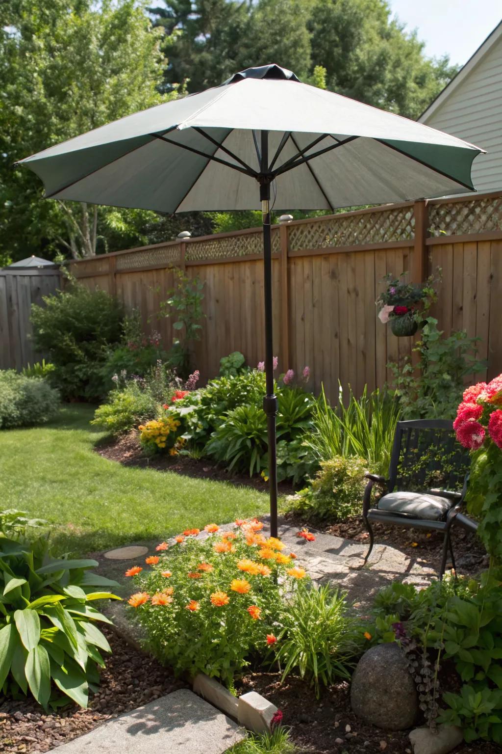 A garden umbrella offers flexible shade options.