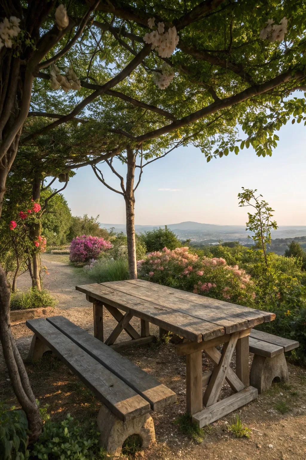 Natural materials create a warm and inviting garden atmosphere.