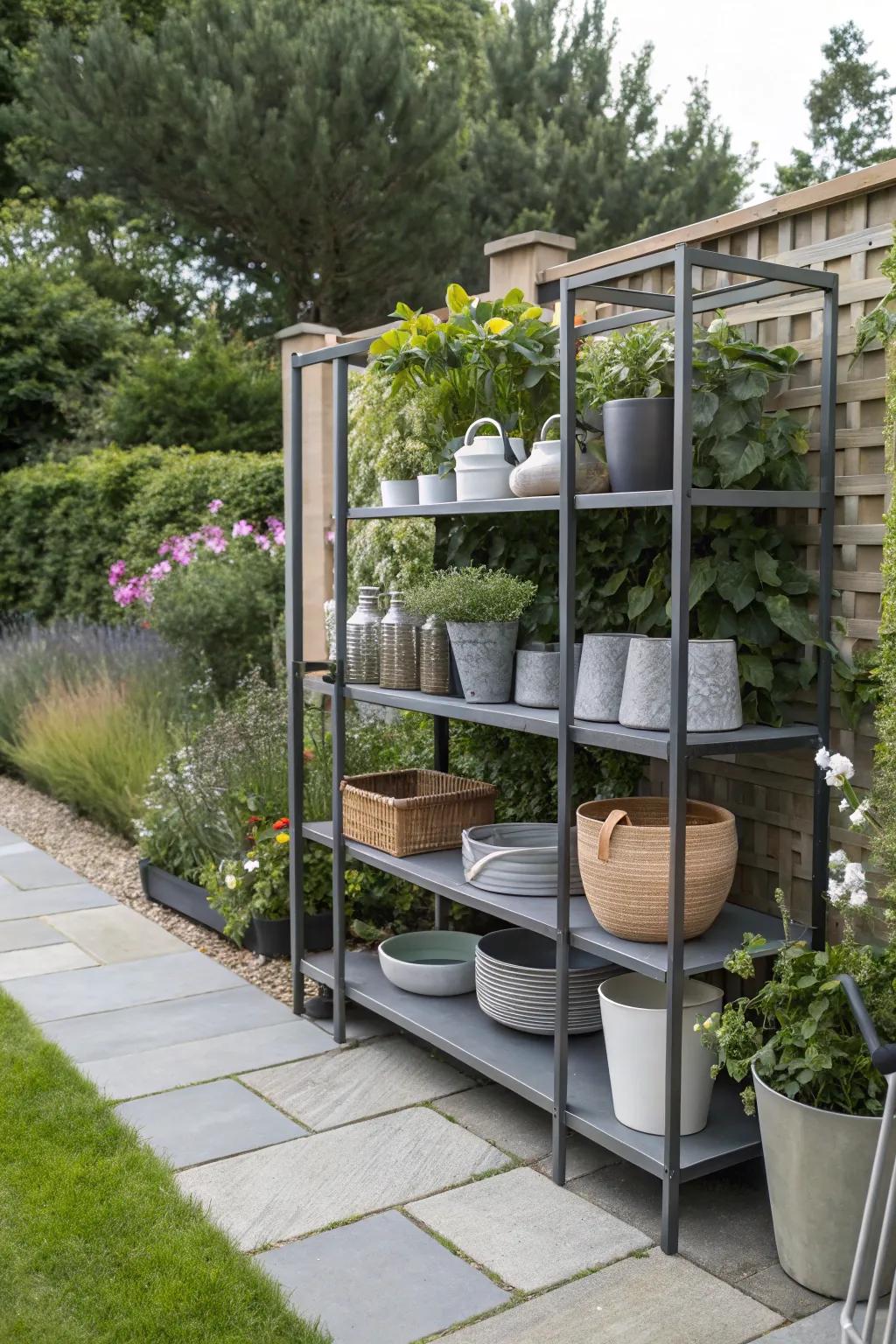 Sleek and modern metal frame shelving.