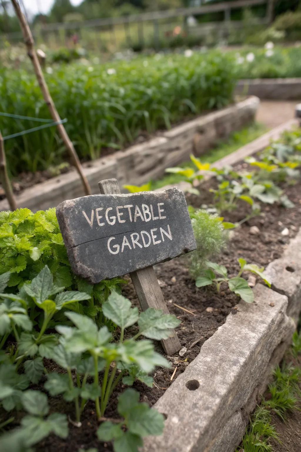 Elegant slate labels marking sections in a vegetable garden.
