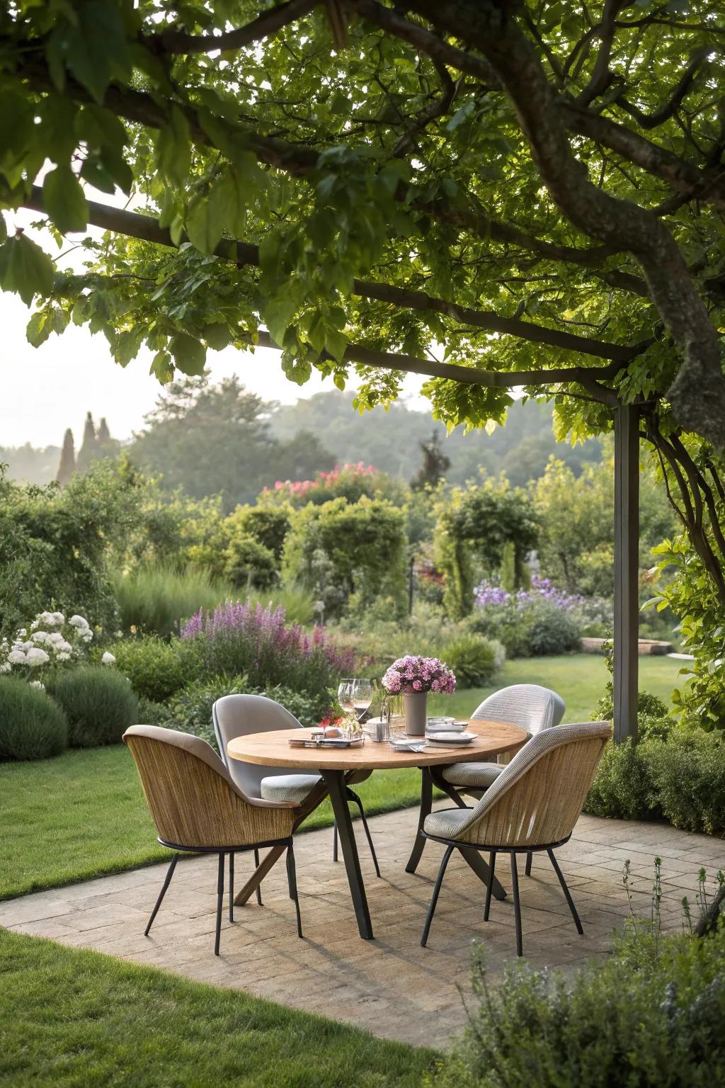 A dining set invites you to enjoy meals in the fresh air.
