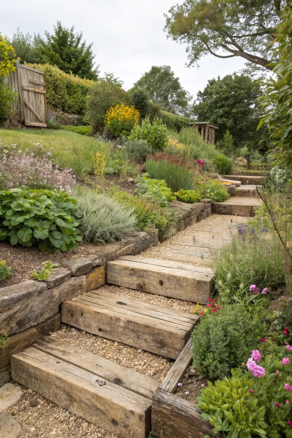 Untreated sleepers providing a rustic charm to the garden.