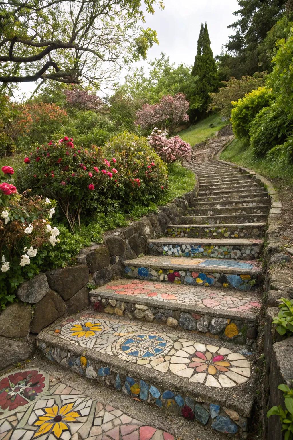 Artistic mosaic stone stairs adding color to the garden.
