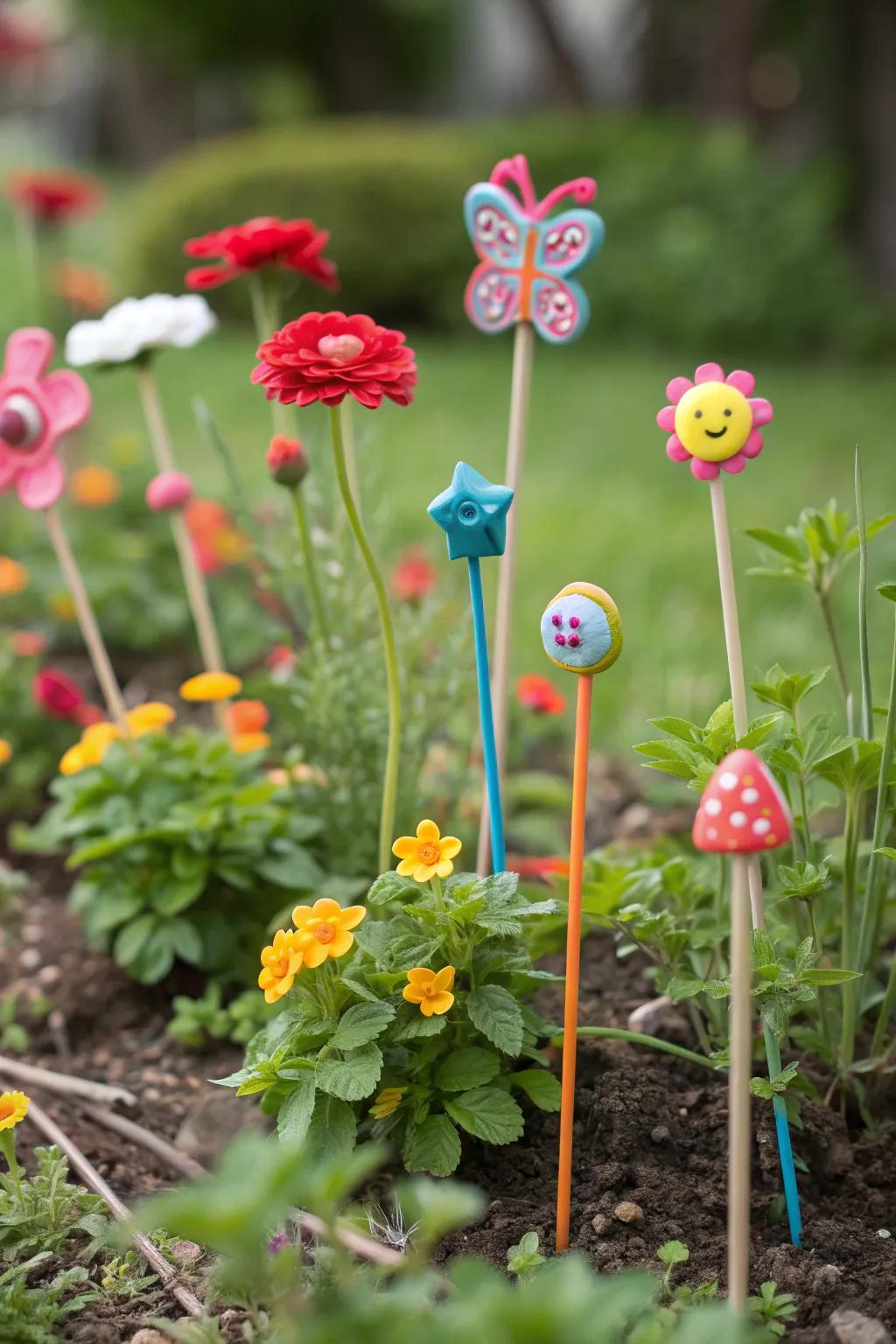 Unique polymer clay garden stakes adding a touch of art to the garden.