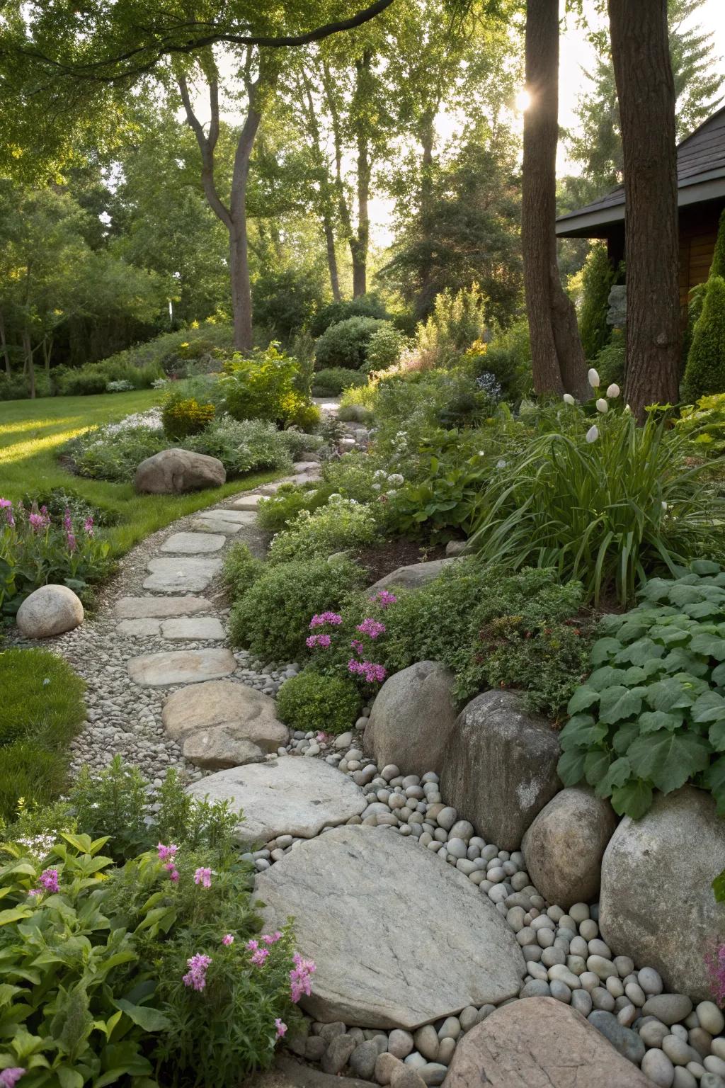 Stones and plants blend for a harmonious garden aesthetic.