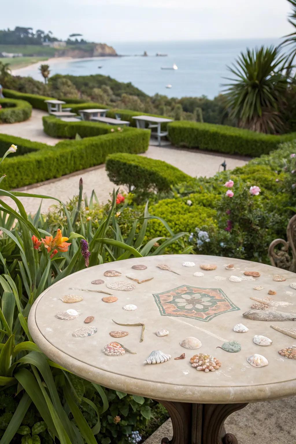 A serene seashell tabletop, bringing the beach to your backyard.