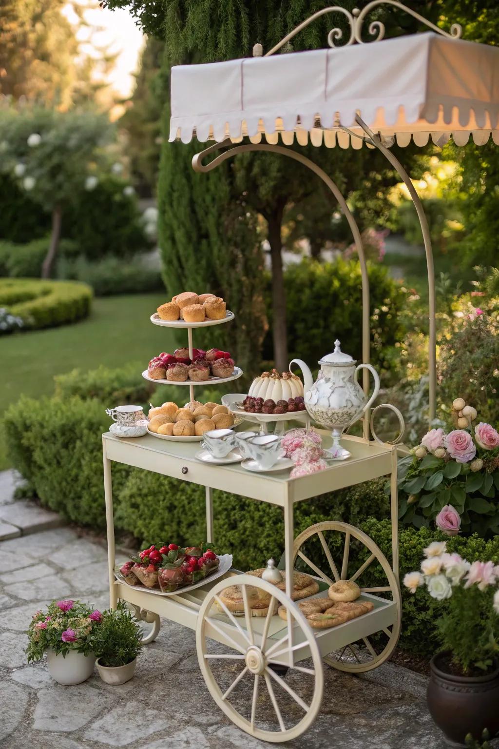 A dessert and tea cart offers sweet indulgences in a stylish manner.