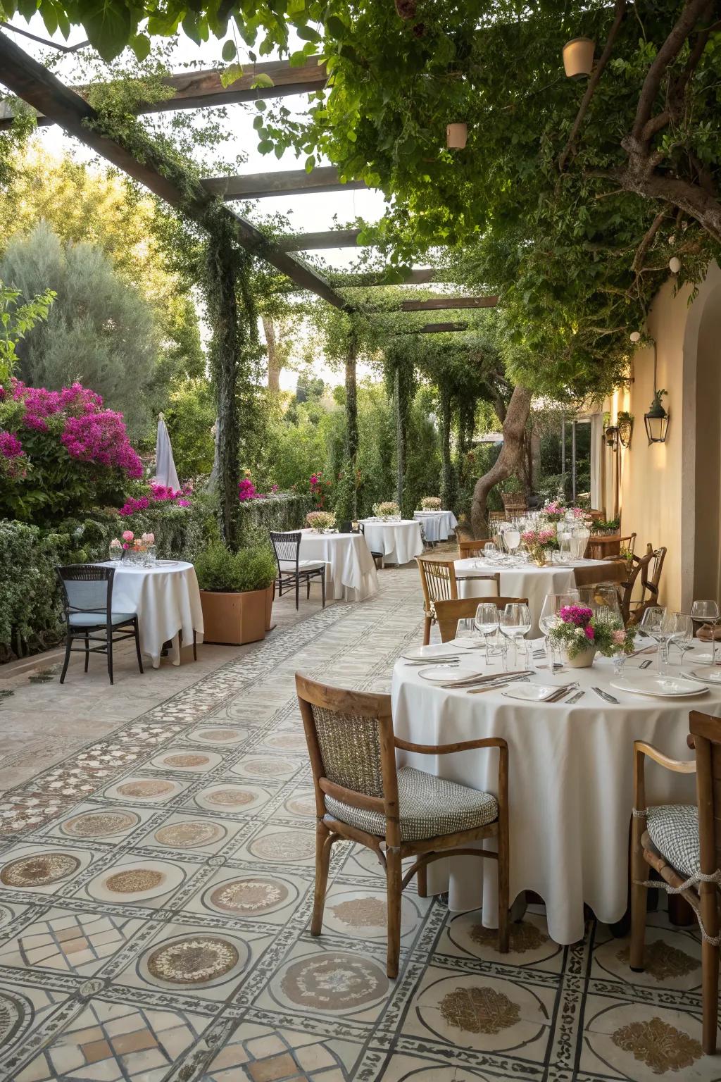 Stylish tiling enhances outdoor dining experiences with elegance.