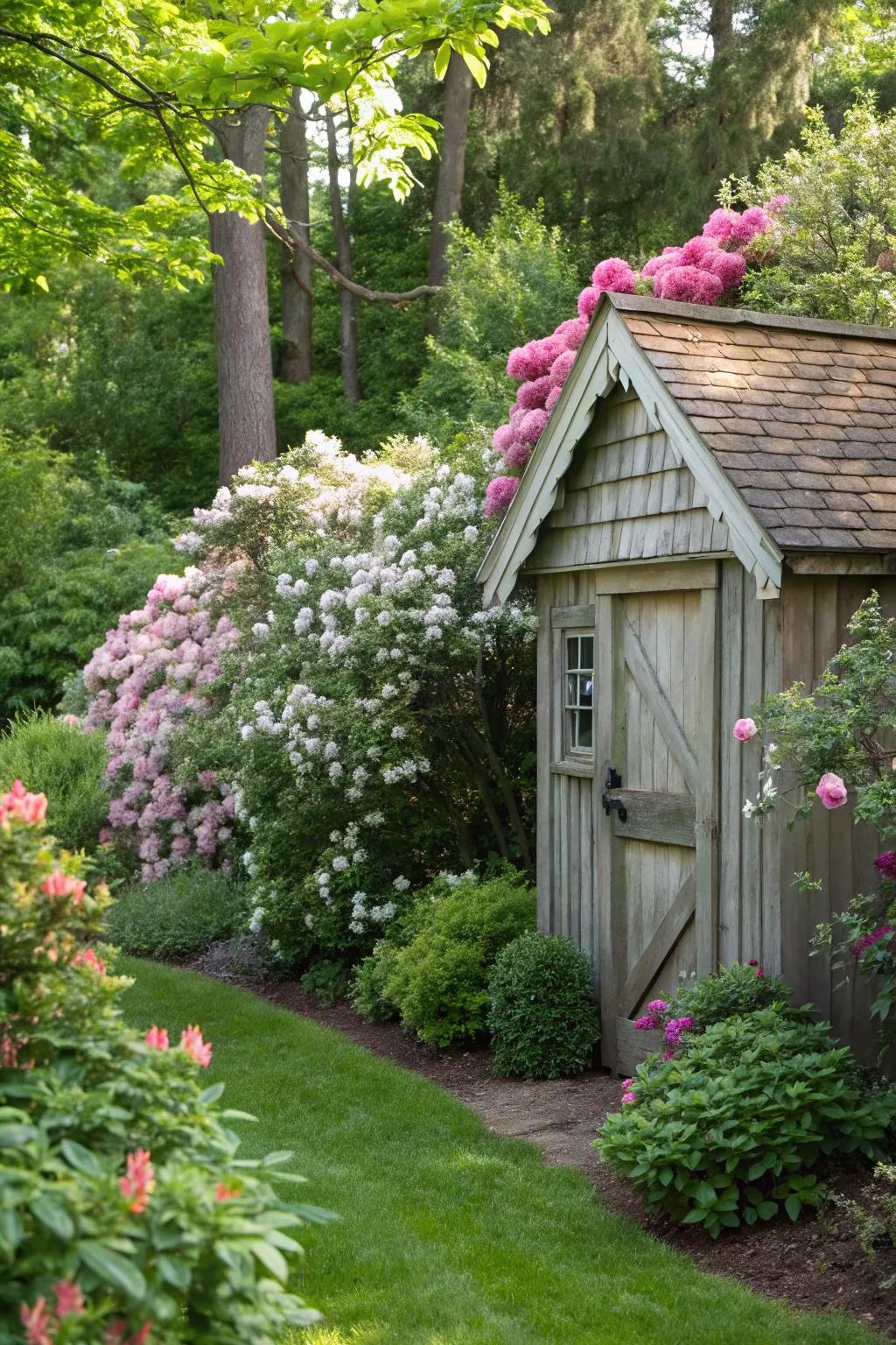 A garden shed seamlessly integrated into the garden.