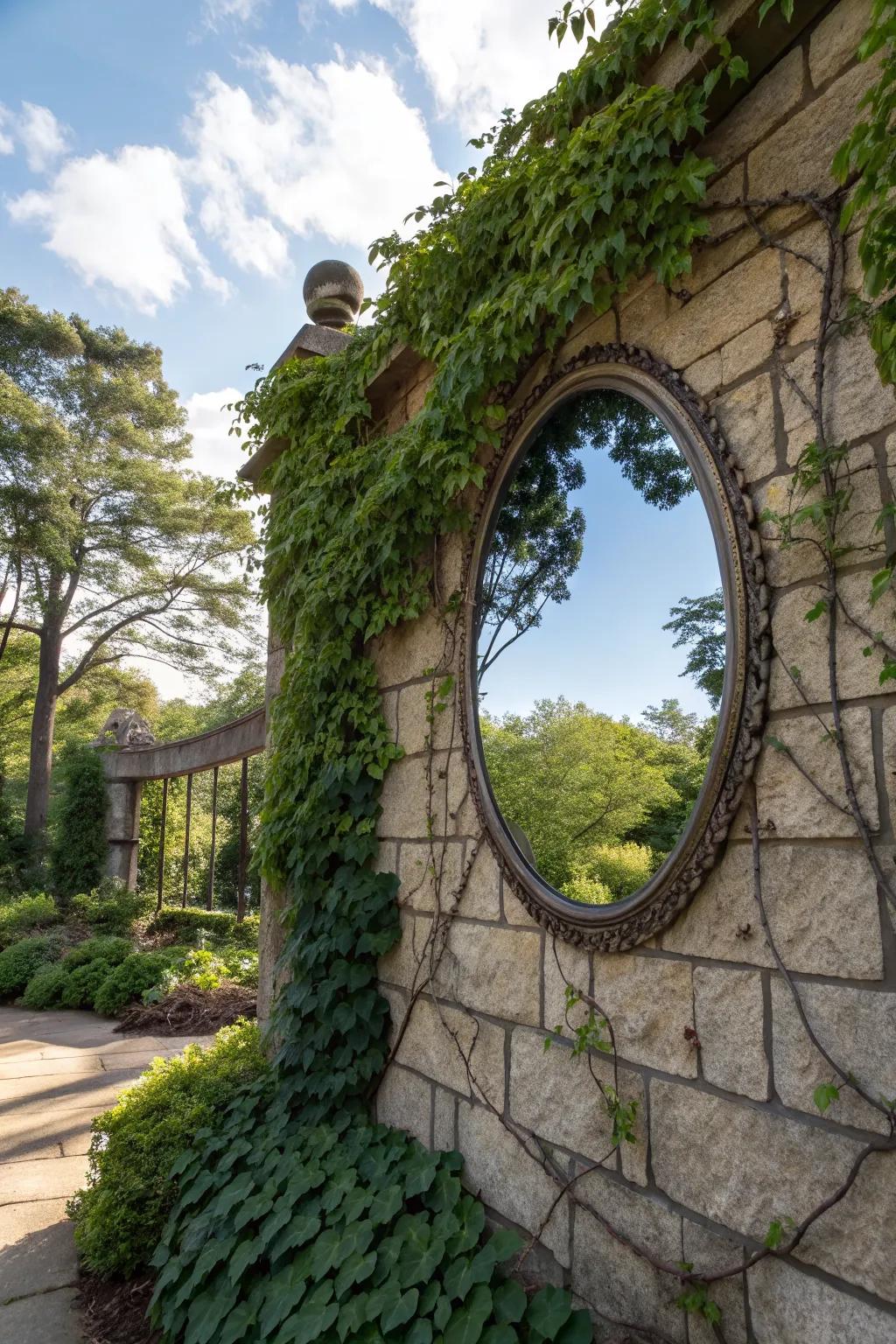 Mirrors on garden walls expand the space and reflect natural beauty.