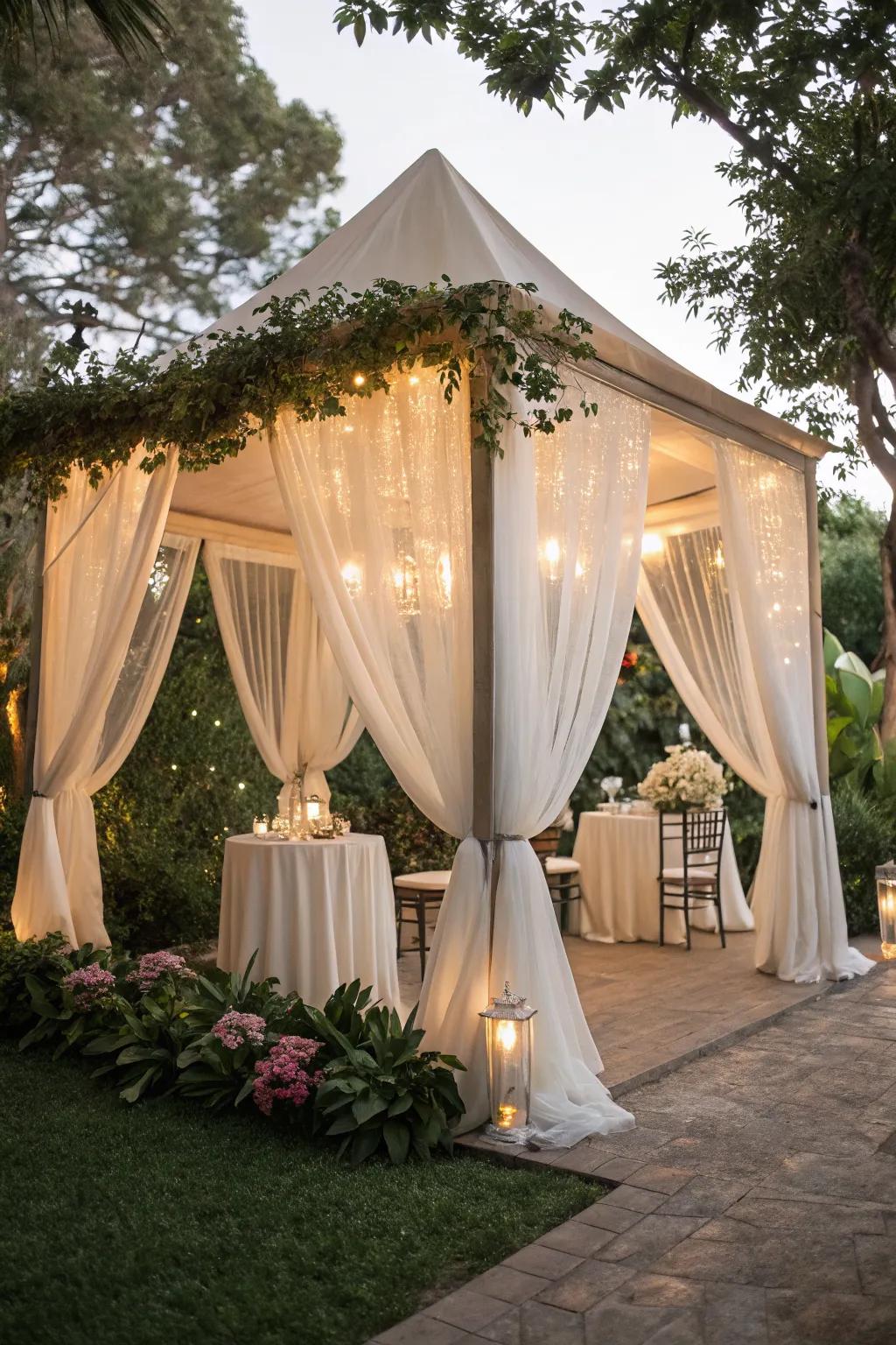 A beautiful tent offering shelter while blending with the garden.